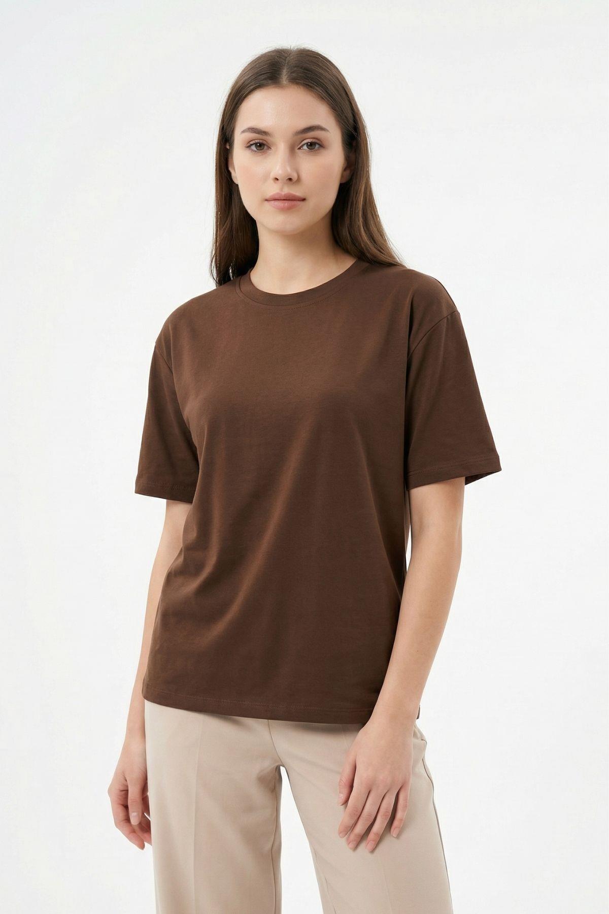 6109 Bisiklet Yaka Kısa Kol Tişört Kahve - 1