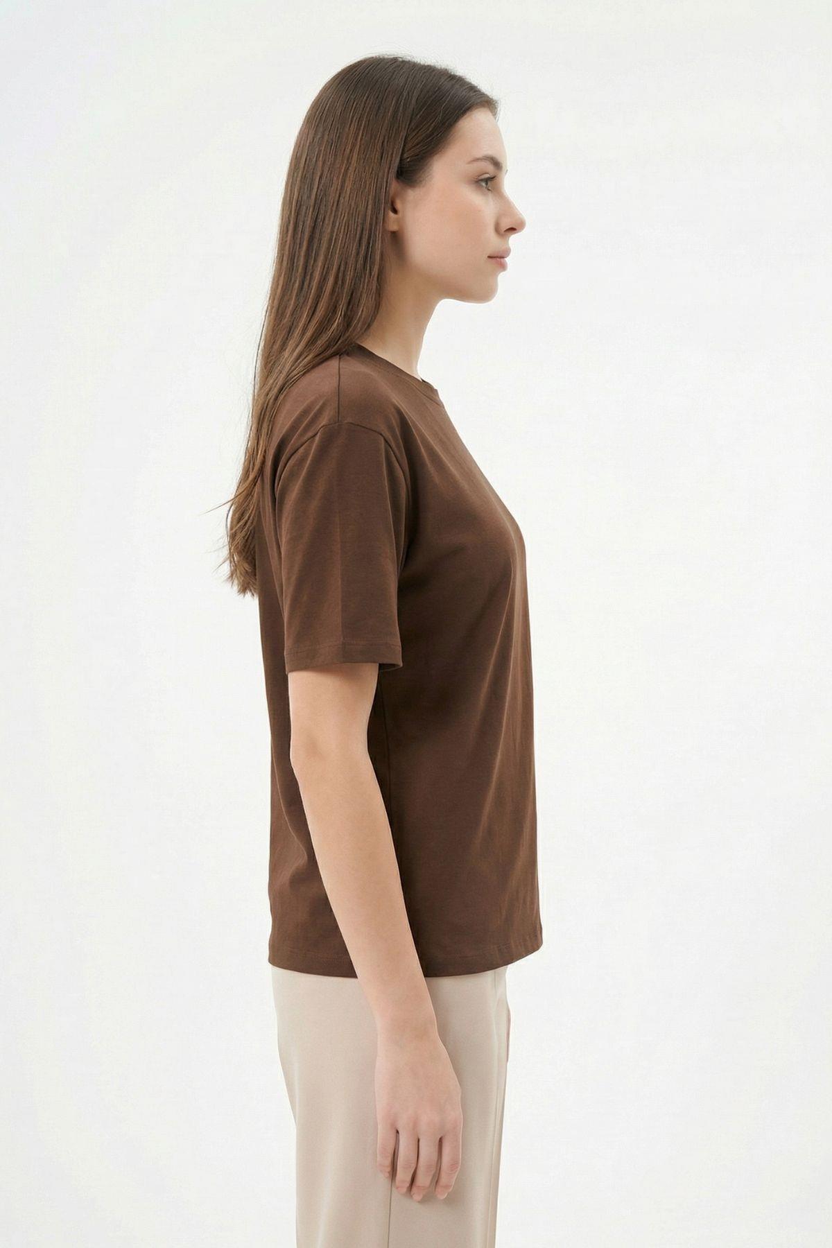 6109 Bisiklet Yaka Kısa Kol Tişört Kahve - 2