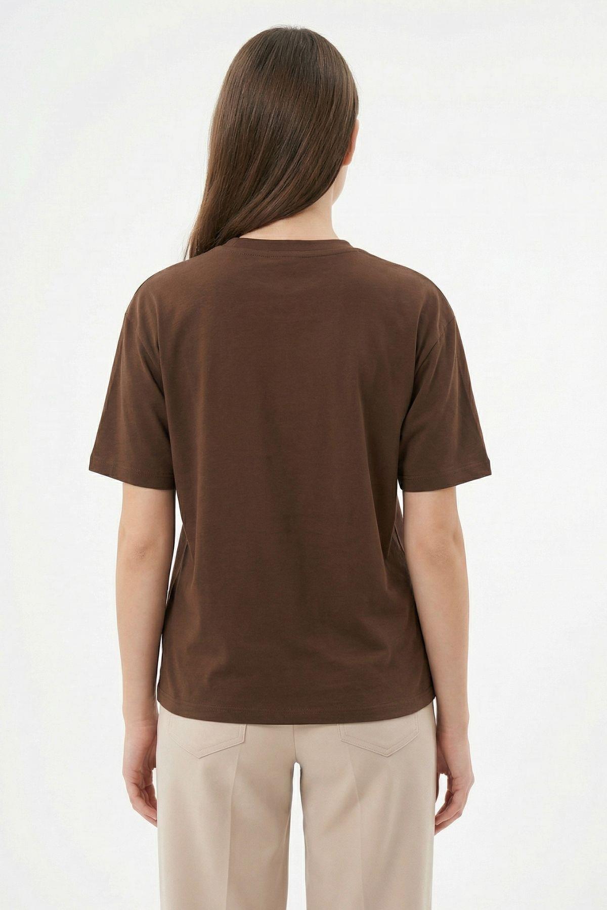 6109 Bisiklet Yaka Kısa Kol Tişört Kahve - 3