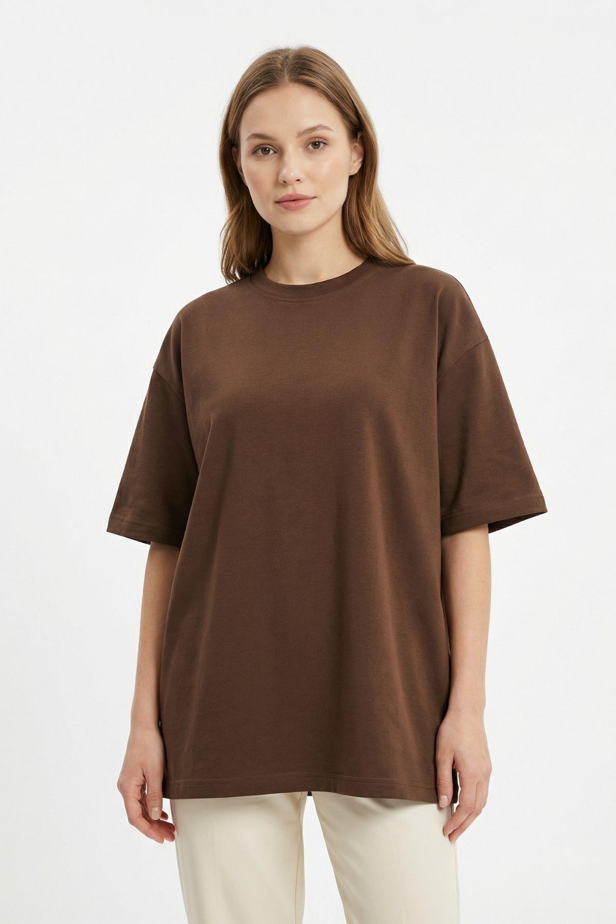 Kahve Bisiklet Yaka Kısa Kol Tişört 6109 - RAYS