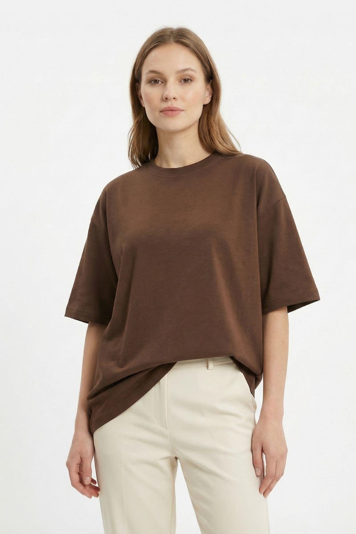 Kahve Bisiklet Yaka Kısa Kol Tişört 6109 - RAYS