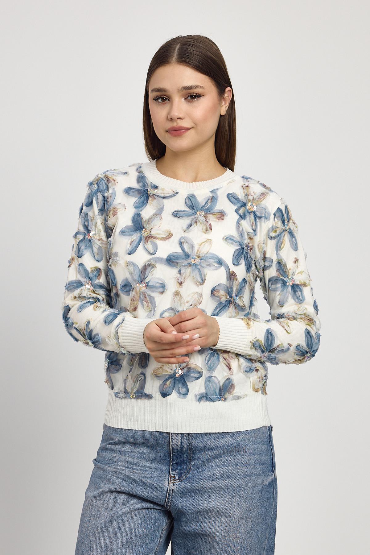 6109 Çiçek Detay Kazak Ekru - 3