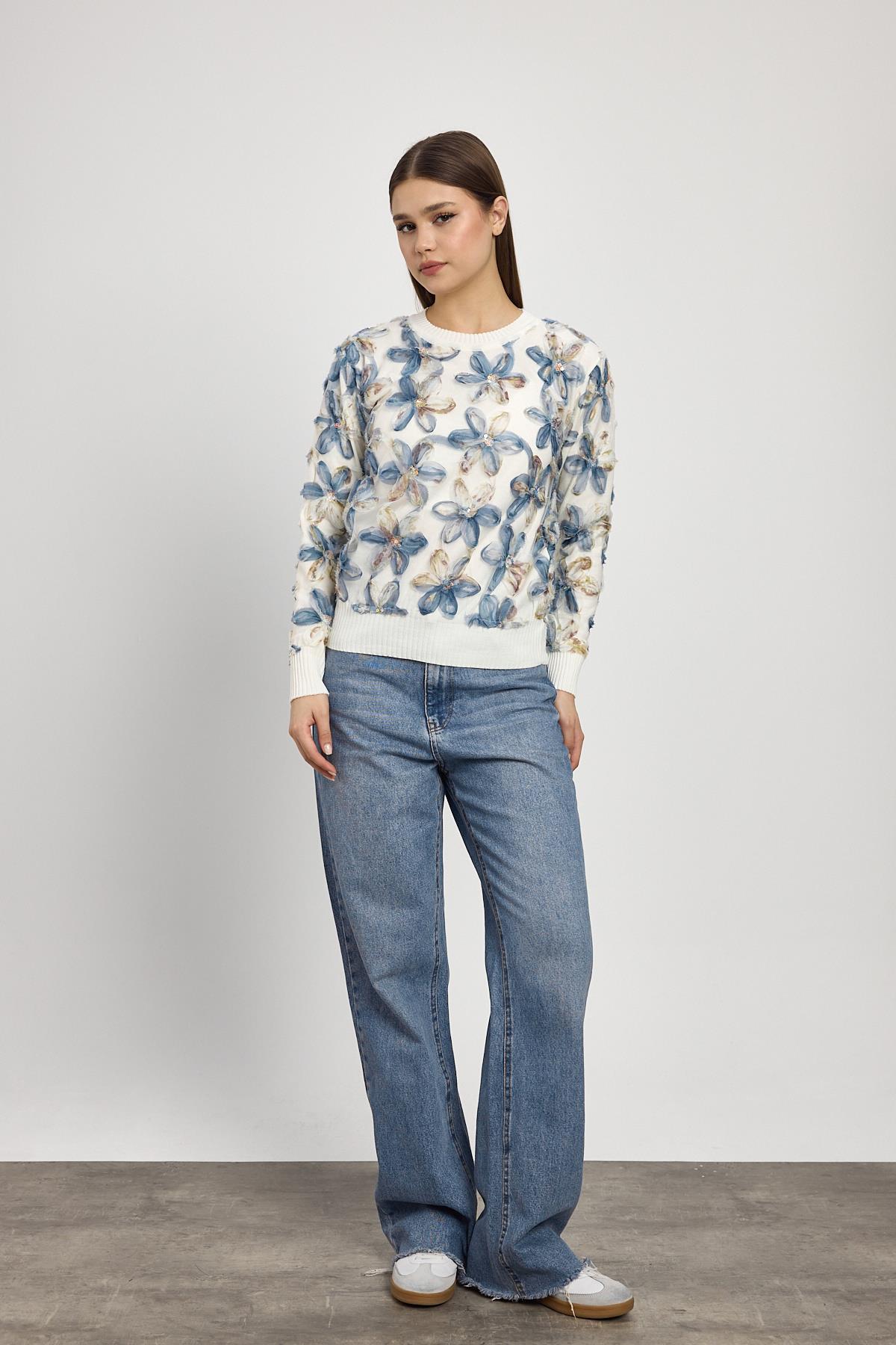 Ekru Çiçek Detay Kazak 6109 - 2