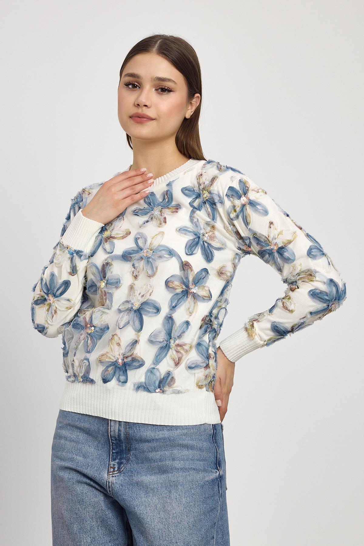 Ekru Çiçek Detay Kazak 6109 - 6