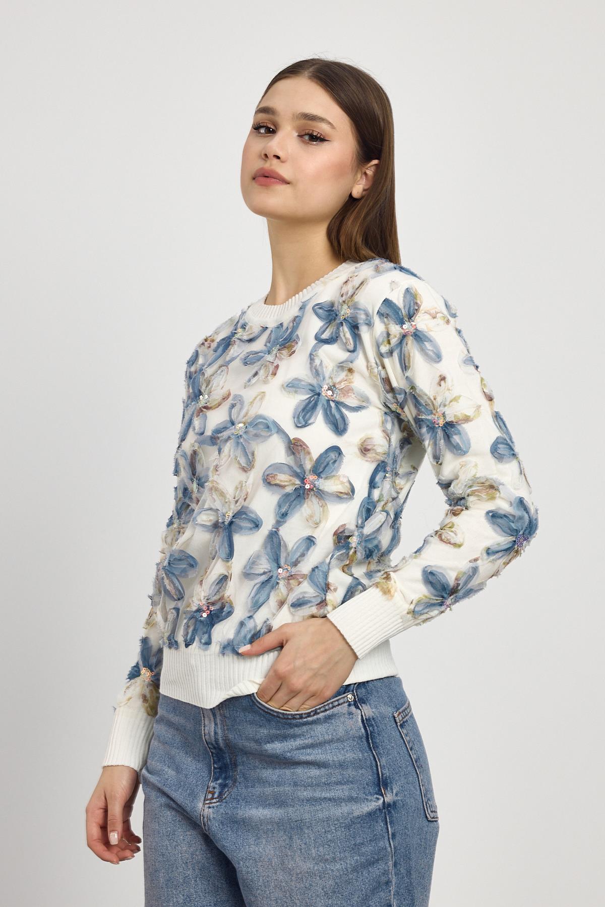 Ekru Çiçek Detay Kazak 6109 - 7