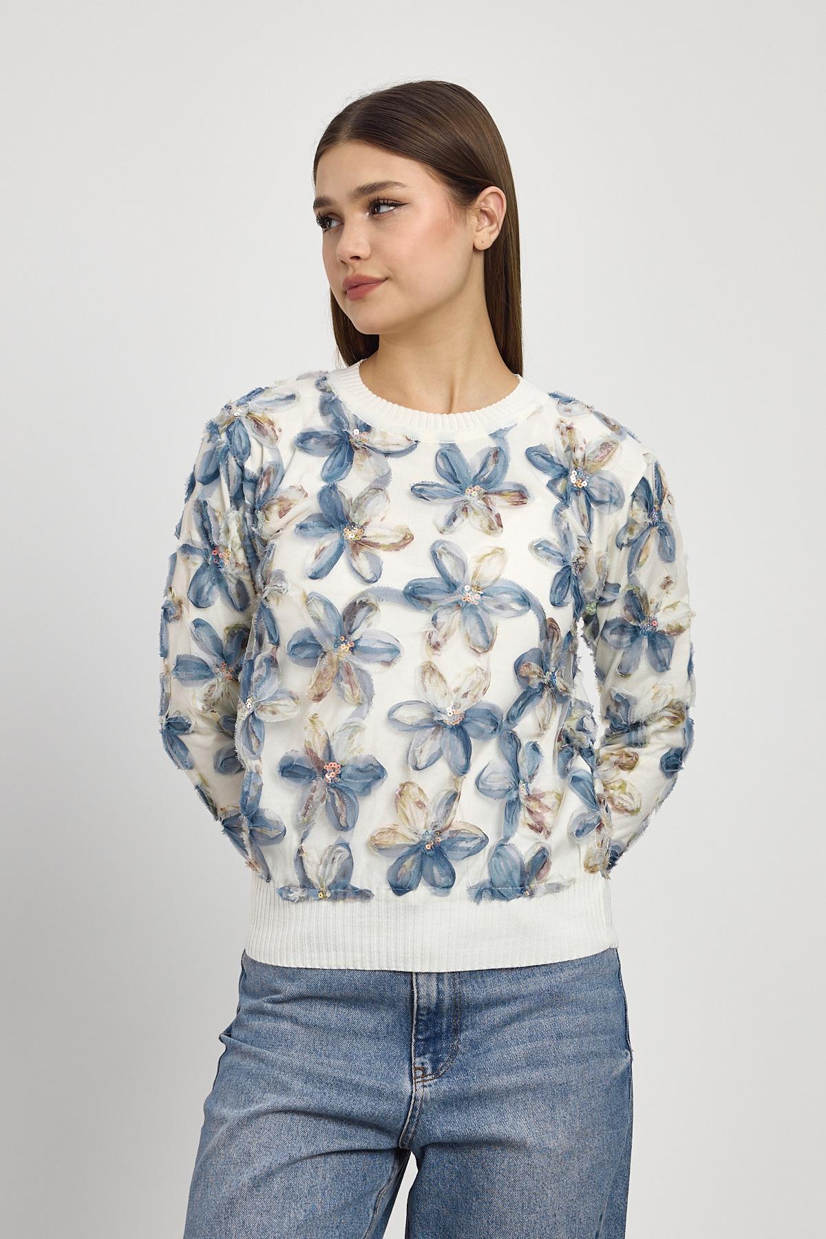 Ekru Çiçek Detay Kazak 6109 - 8