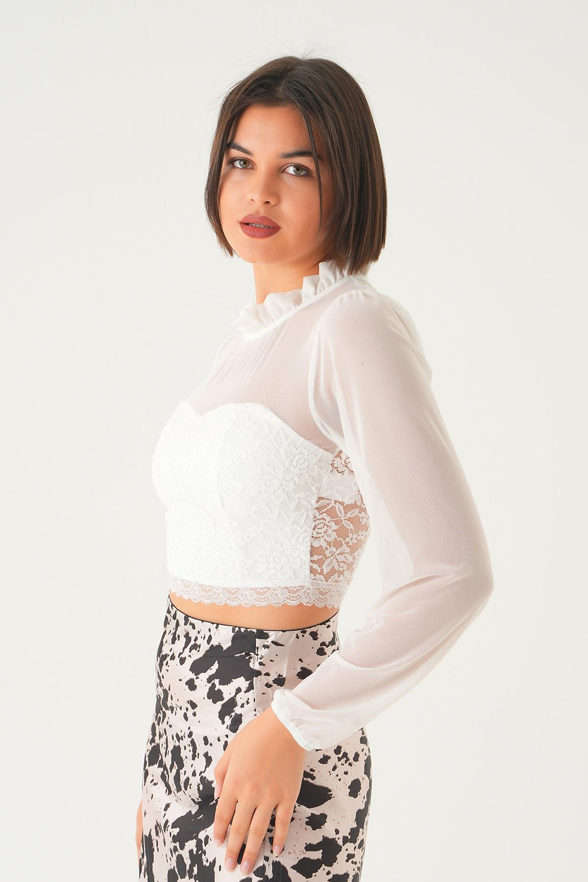 6116 Yaka Büzgü Detay Bluz Beyaz - 3