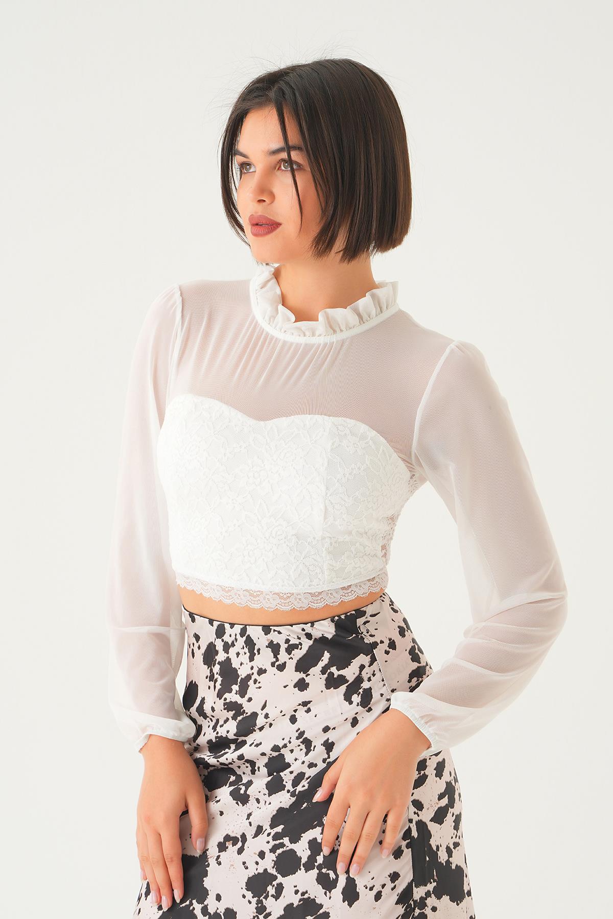 Beyaz Yaka Büzgü Detay Bluz 6116 - 2