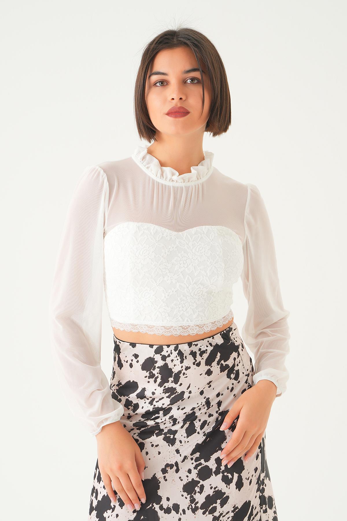 Beyaz Yaka Büzgü Detay Bluz 6116 - 6