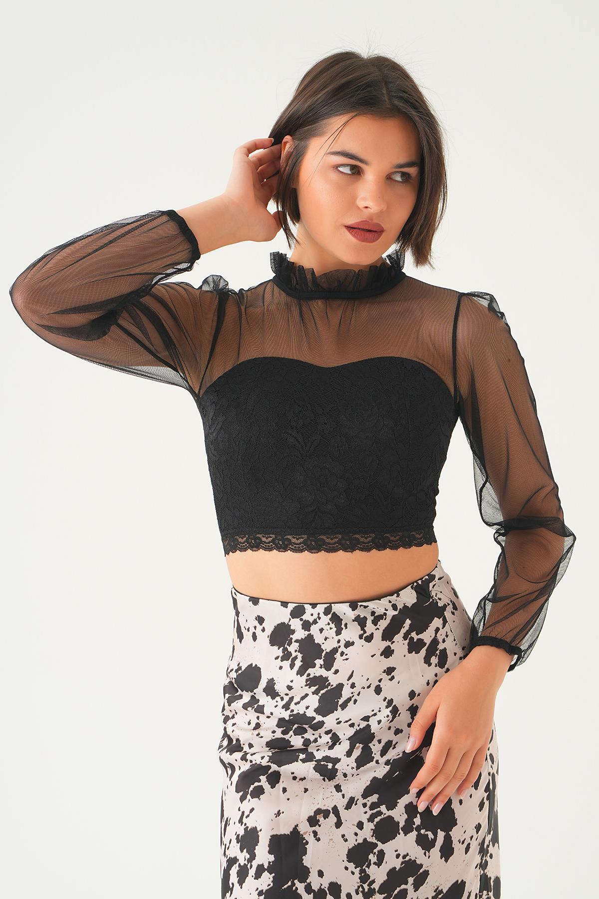 Siyah Yaka Büzgü Detay Bluz 6116 - 2