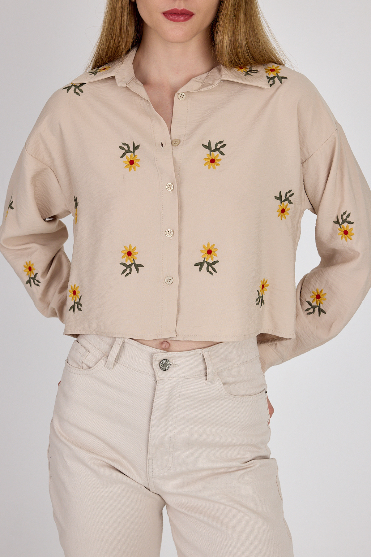 6232 Çiçek Nakışlı Gömlek Bej - 4