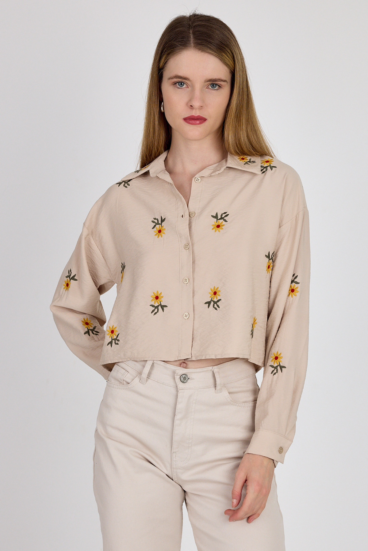 Bej Çiçek Nakışlı Gömlek 6232 - 1