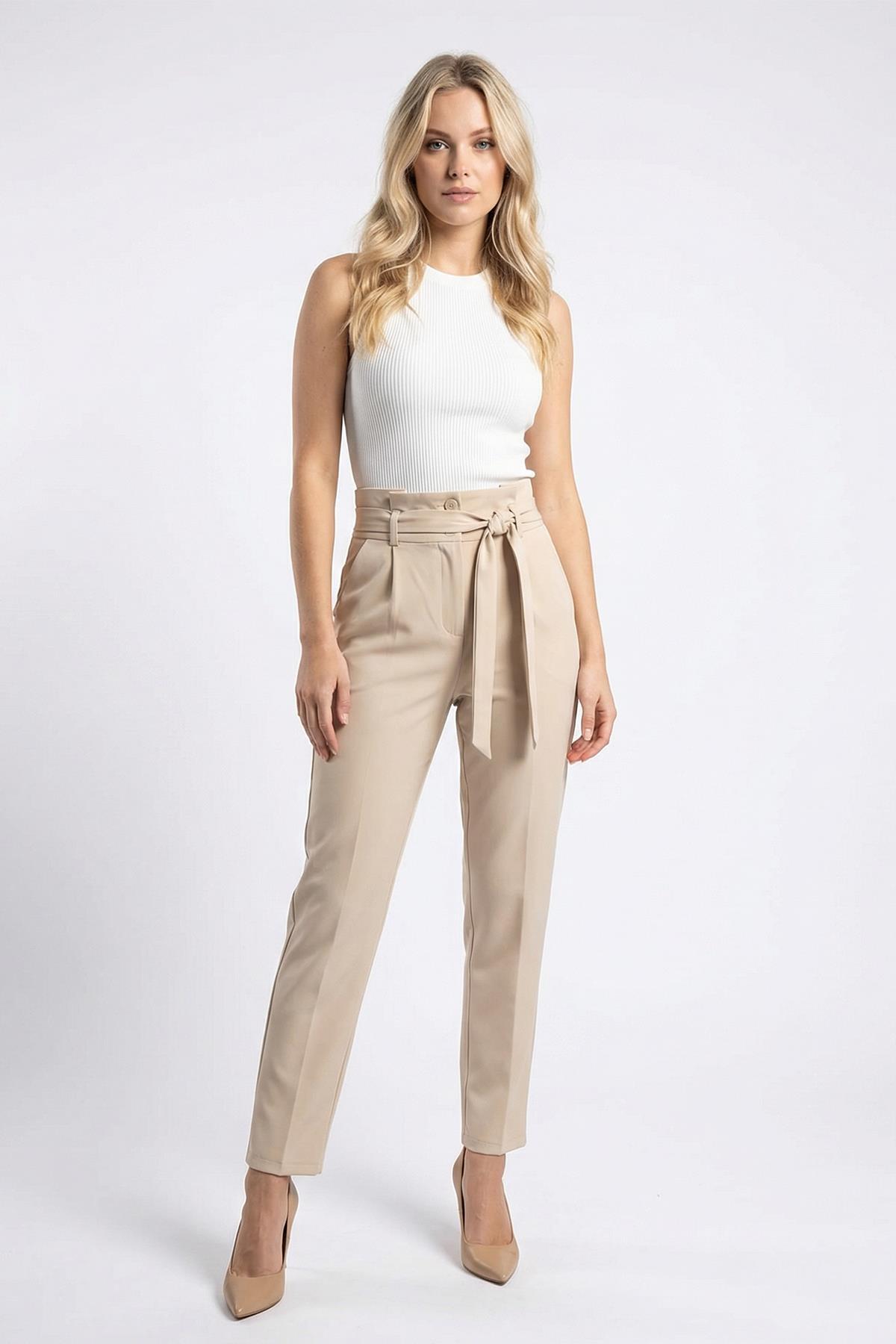 Bej Kemerli Yüksek Bel Pantolon 6263A 