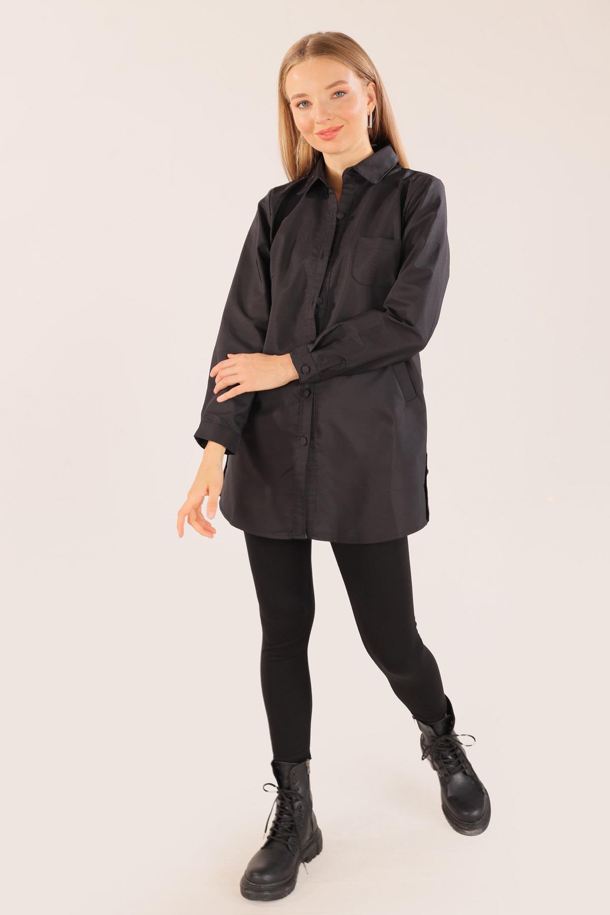 6265 Cep Detay Düğmeli Trençkot Siyah - 2