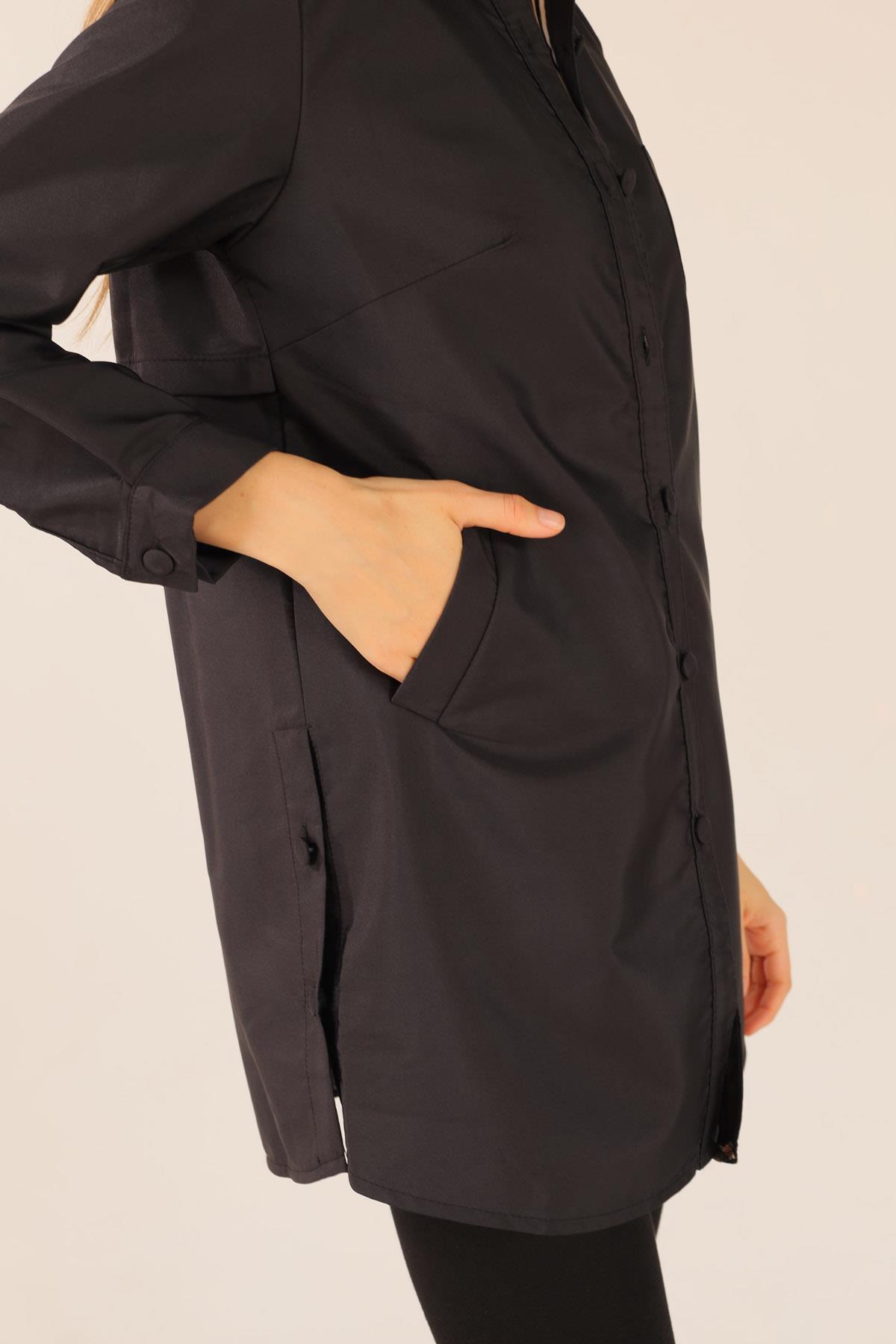 6265 Cep Detay Düğmeli Trençkot Siyah - 6