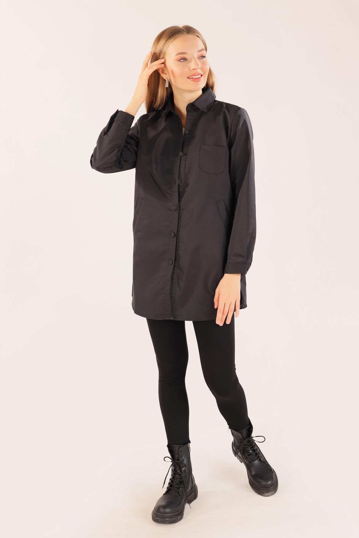 6265 Cep Detay Düğmeli Trençkot Siyah - 3