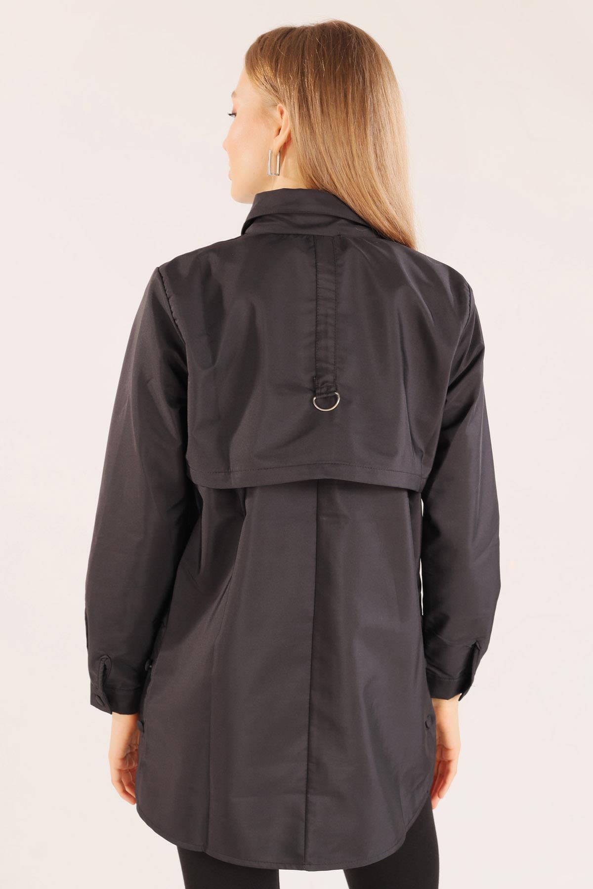 6265 Cep Detay Düğmeli Trençkot Siyah - 5