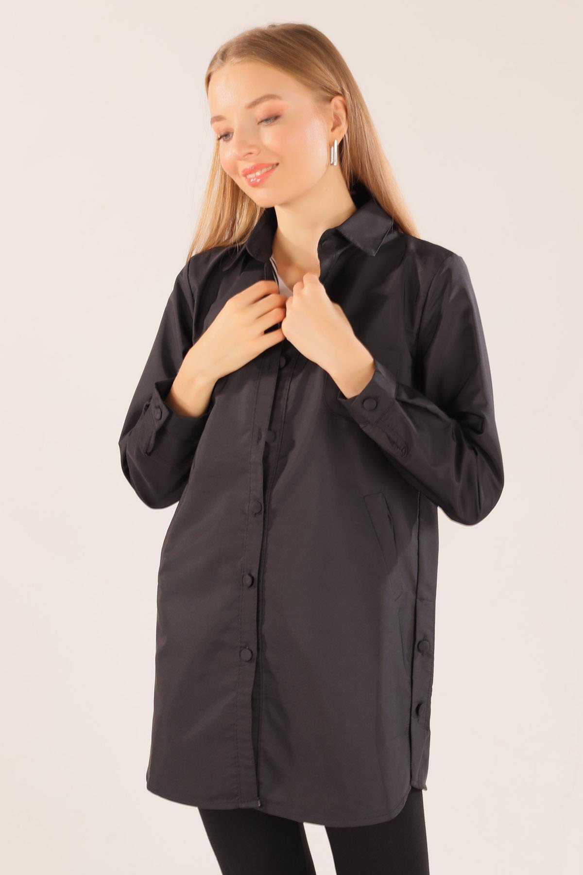 Siyah Cep Detay Düğmeli Trençkot 6265 - RAYS