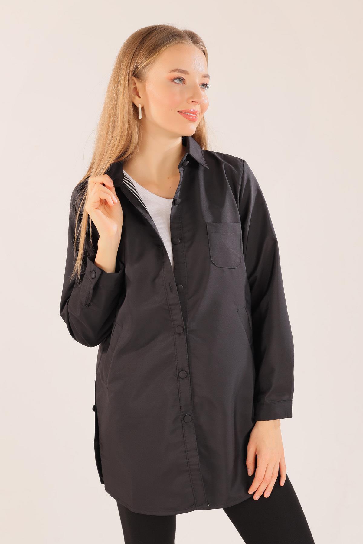 Siyah Cep Detay Düğmeli Trençkot 6265 - 1