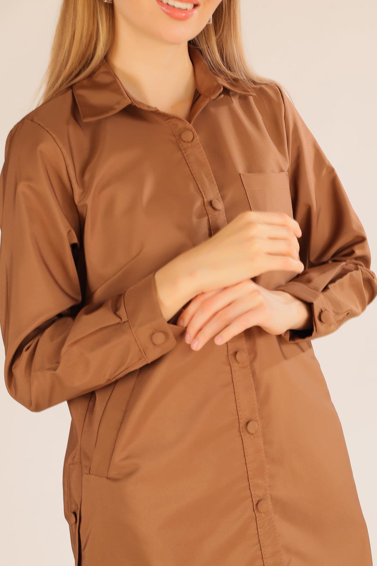 6265 Cep Detay Düğmeli Trençkot Taba - 4