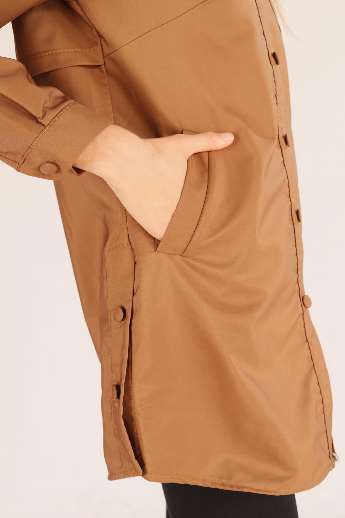 6265 Cep Detay Düğmeli Trençkot Taba - 7