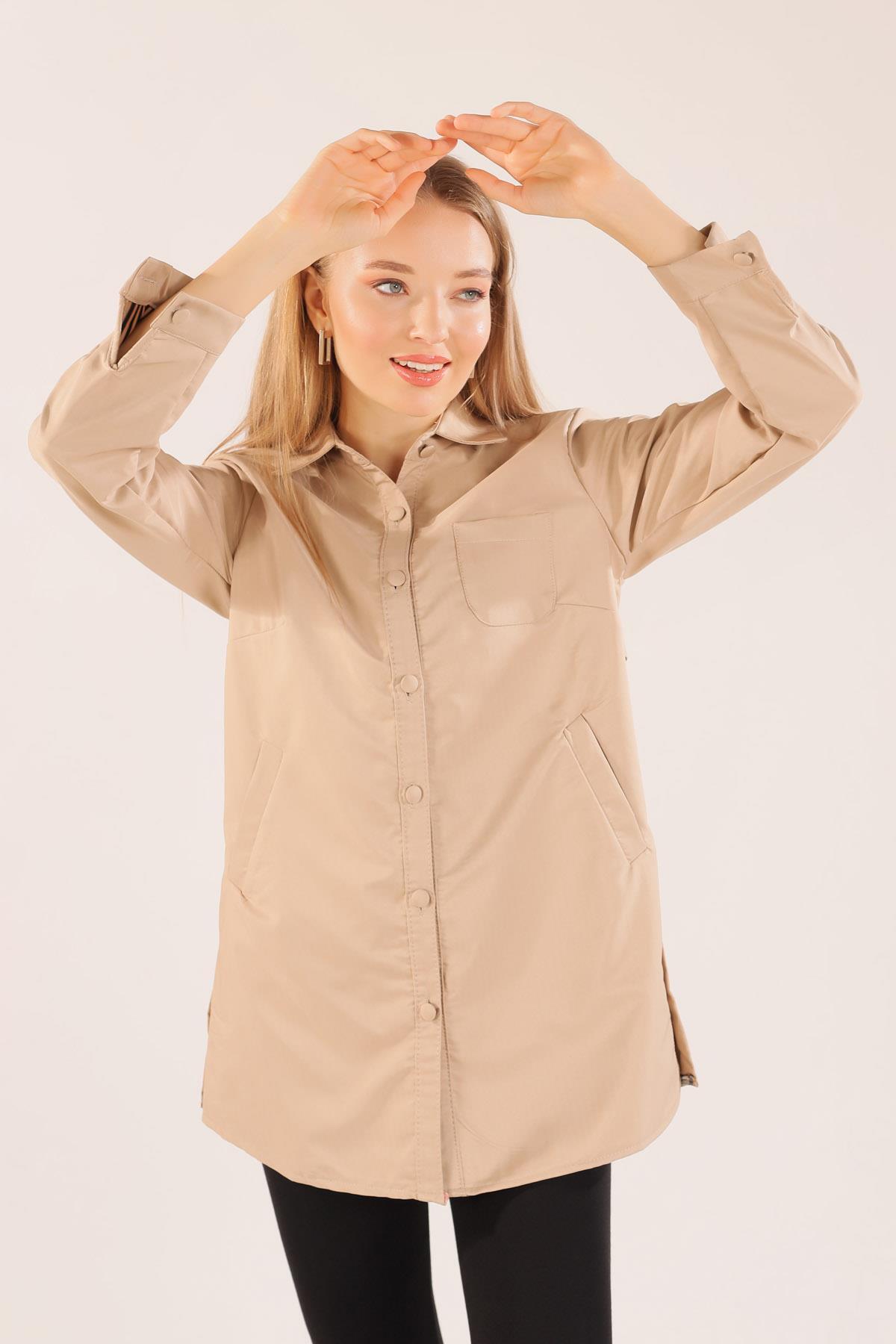 6265 Cep Detay Düğmeli Trençkot Taş - 4