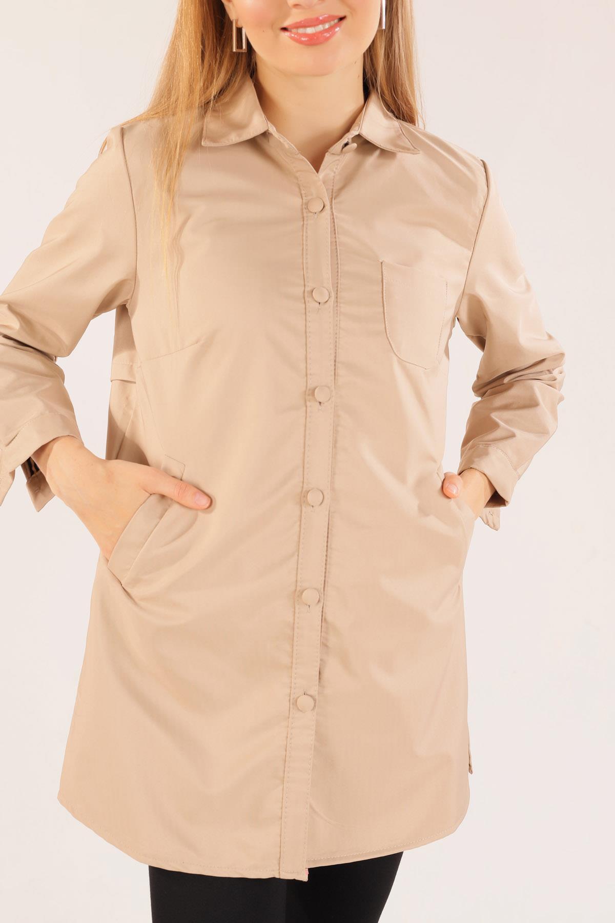 6265 Cep Detay Düğmeli Trençkot Taş - 3