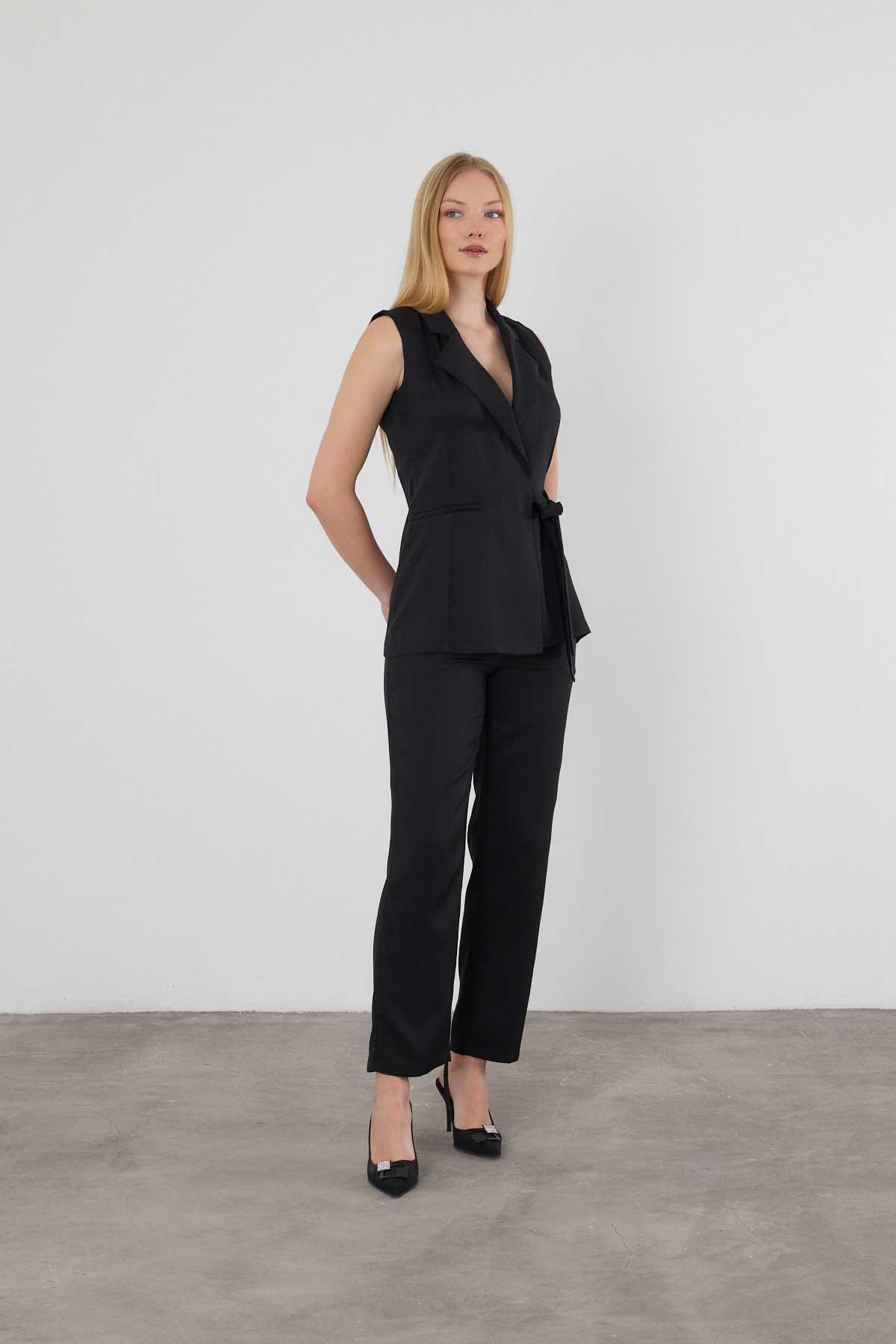 6307 Bağlama Detay Pantolon Takım Siyah - 8