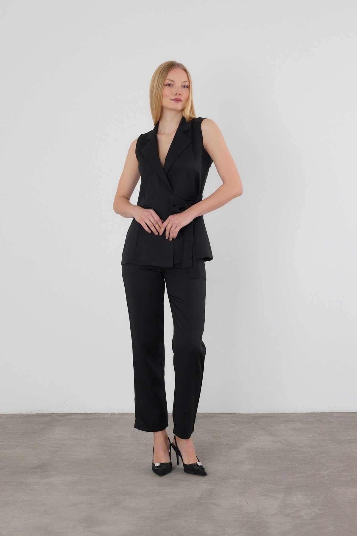 6307 Bağlama Detay Pantolon Takım Siyah - 2