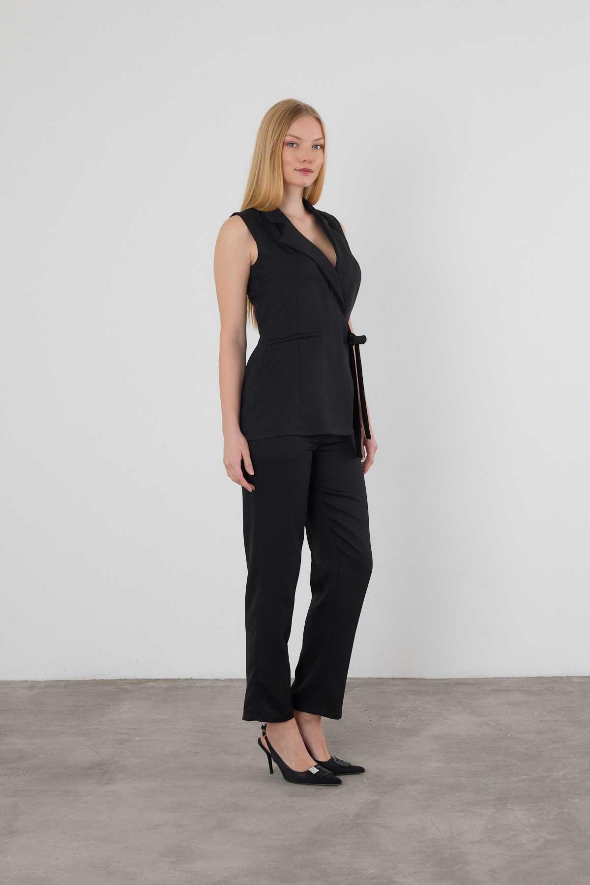 6307 Bağlama Detay Pantolon Takım Siyah - 6