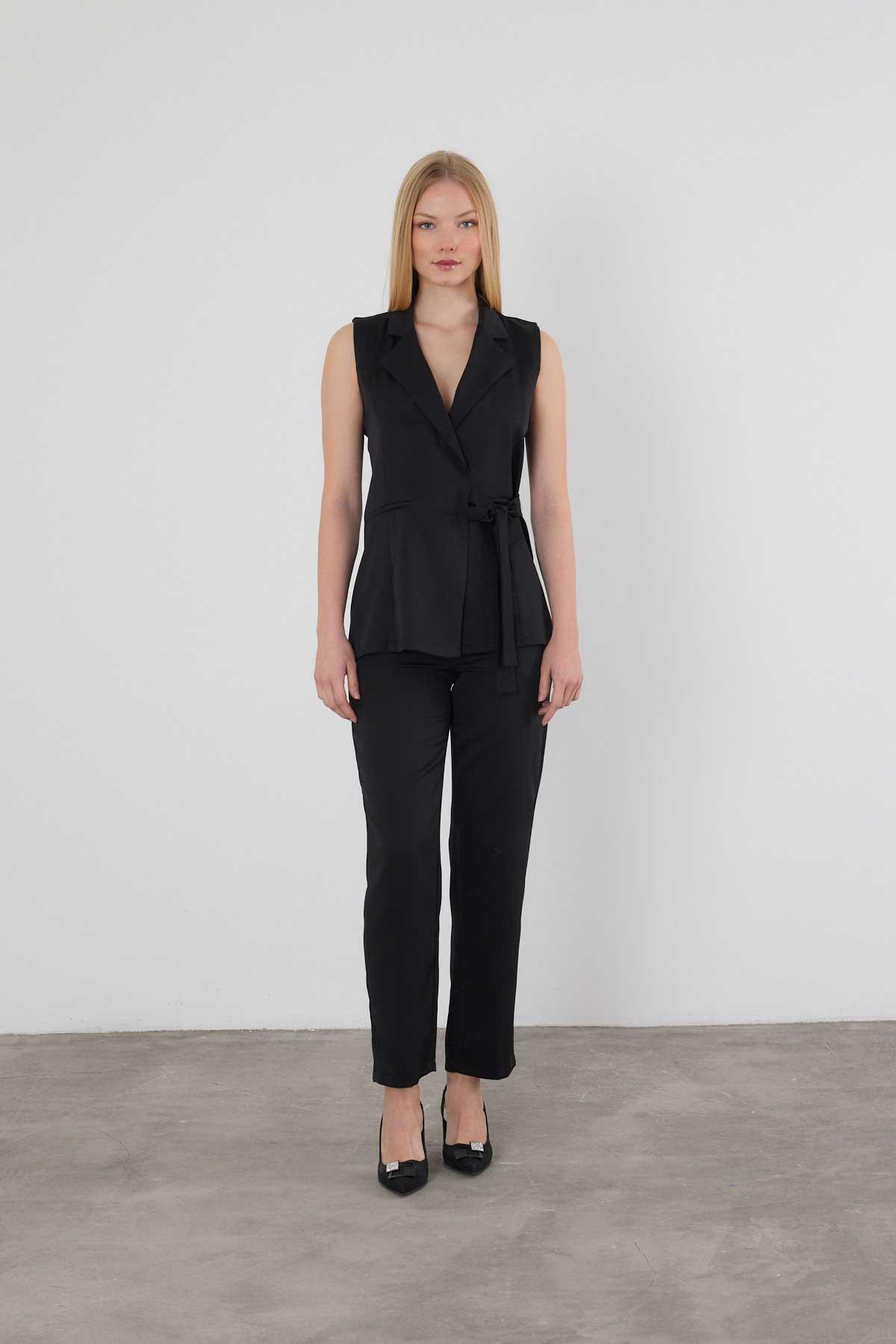 6307 Bağlama Detay Pantolon Takım Siyah - 7