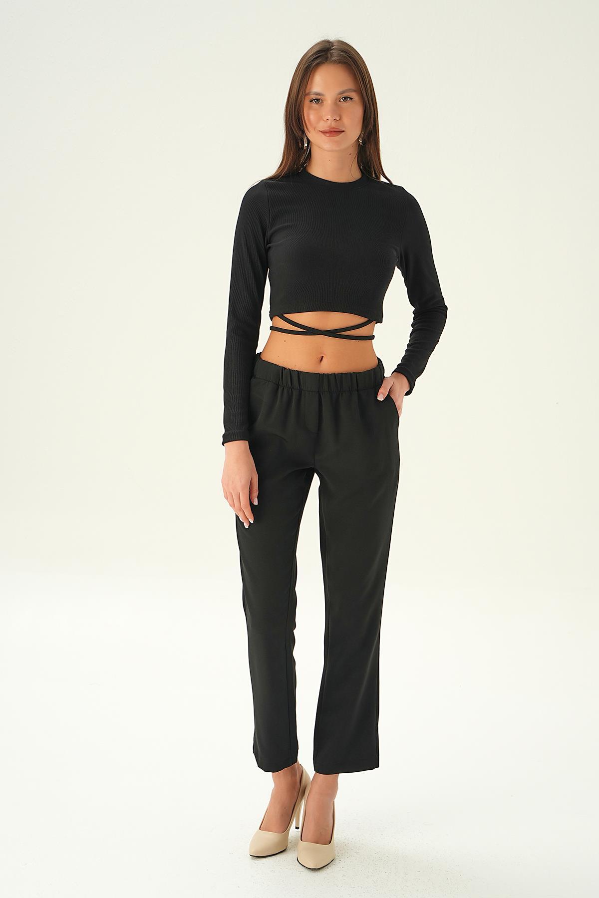 Siyah Bel Lastik Cepli Pantolon 6315A - 2