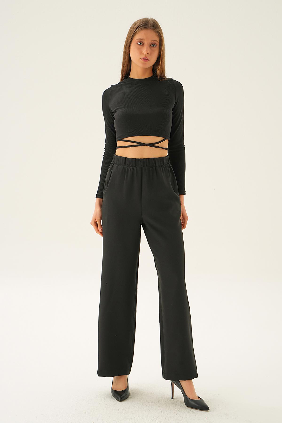 6318A Cepli Geniş Pantolon Siyah 