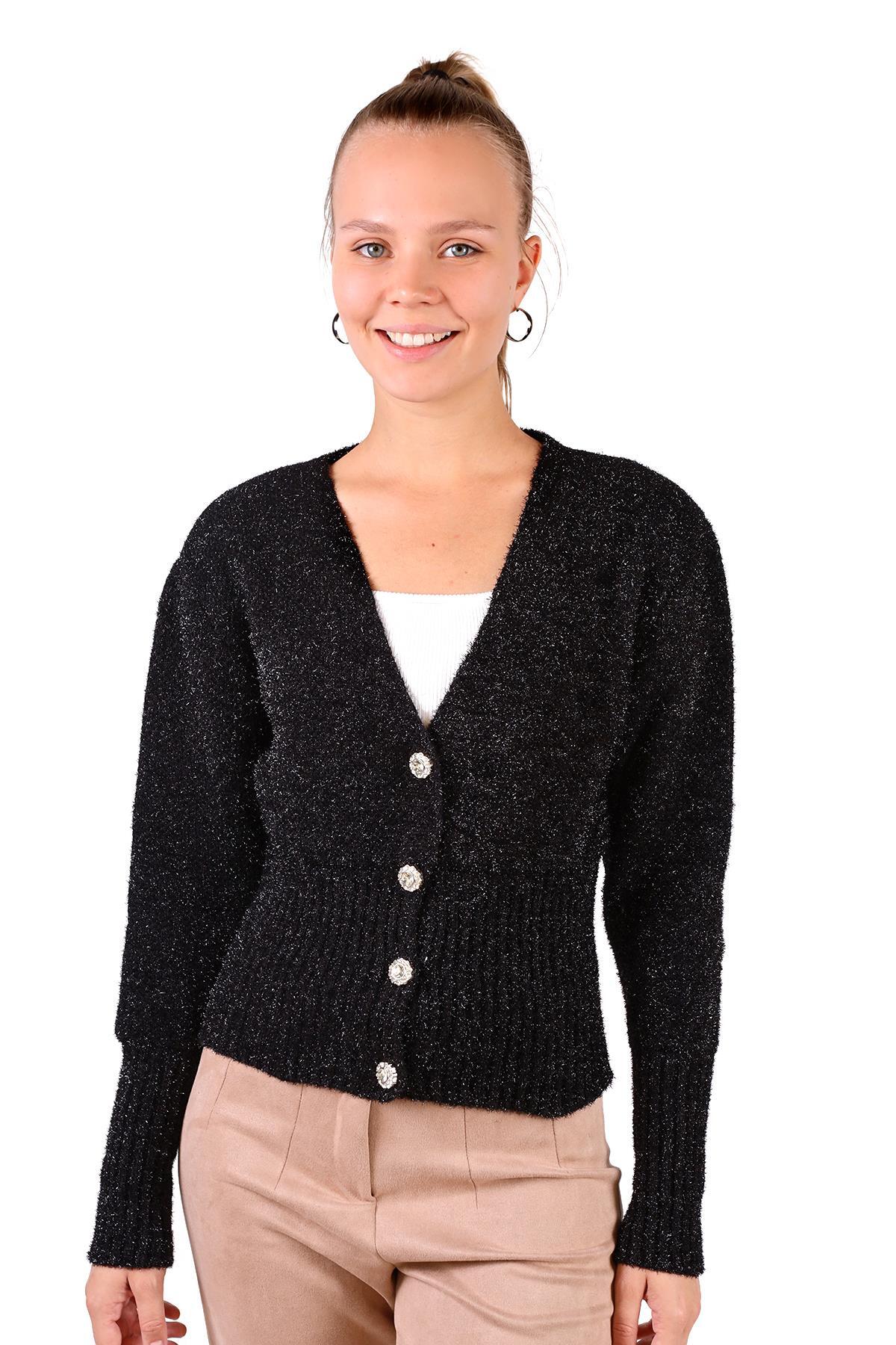 6390 İnci Detay Simli Hırka Siyah 