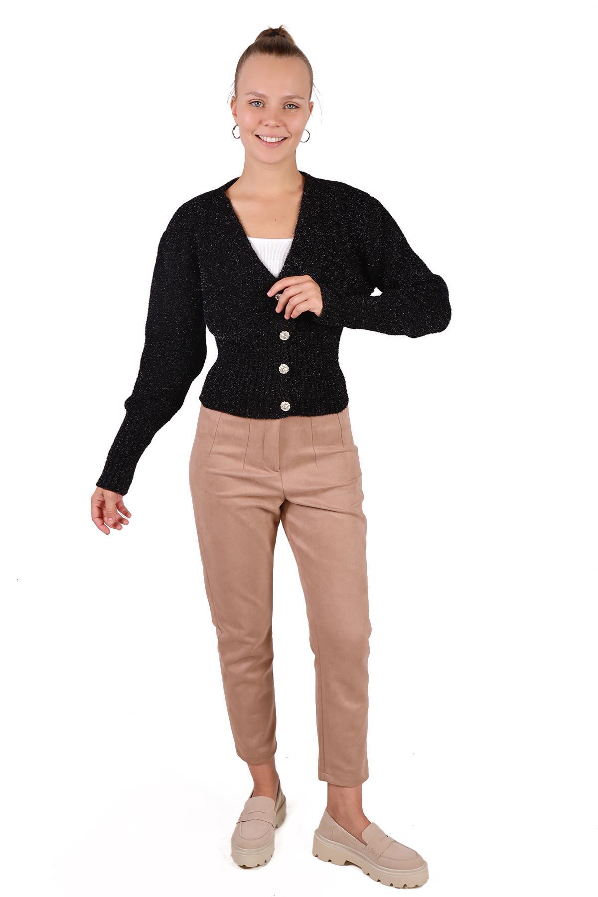 6390 İnci Detay Simli Hırka Siyah - RAYS