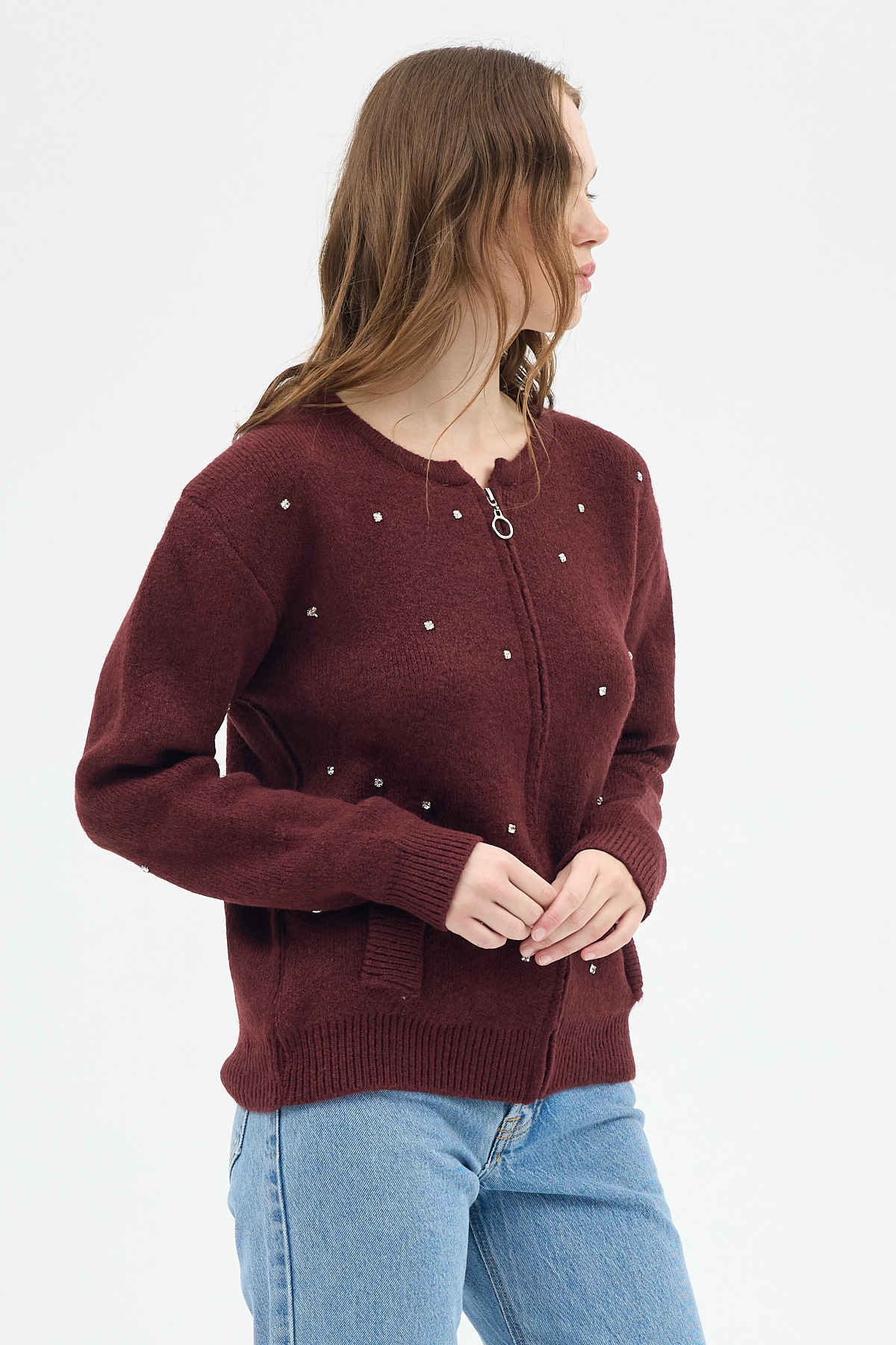 Bordo Kadın Fermuarlı Taş Detaylı Triko Hırka 6405 - 6