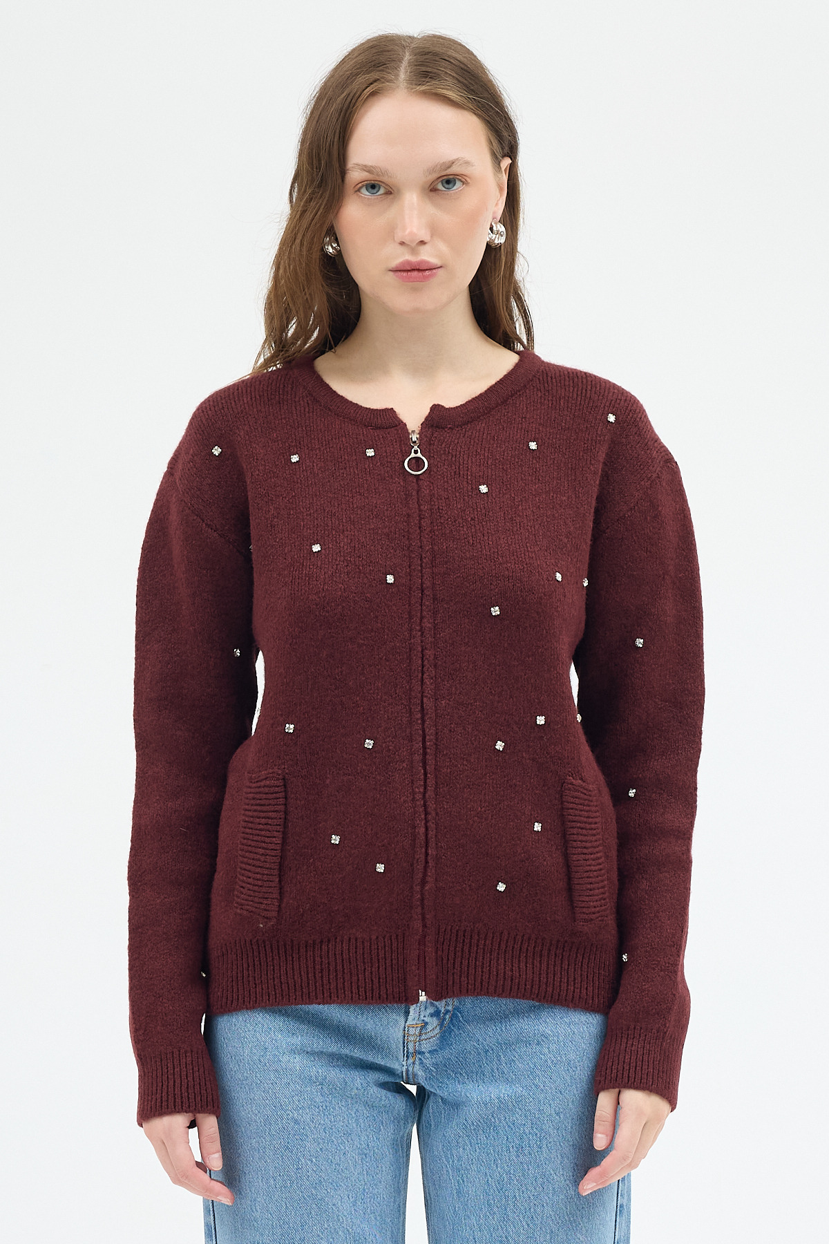 Bordo Kadın Fermuarlı Taş Detaylı Triko Hırka 6405 - RAYS