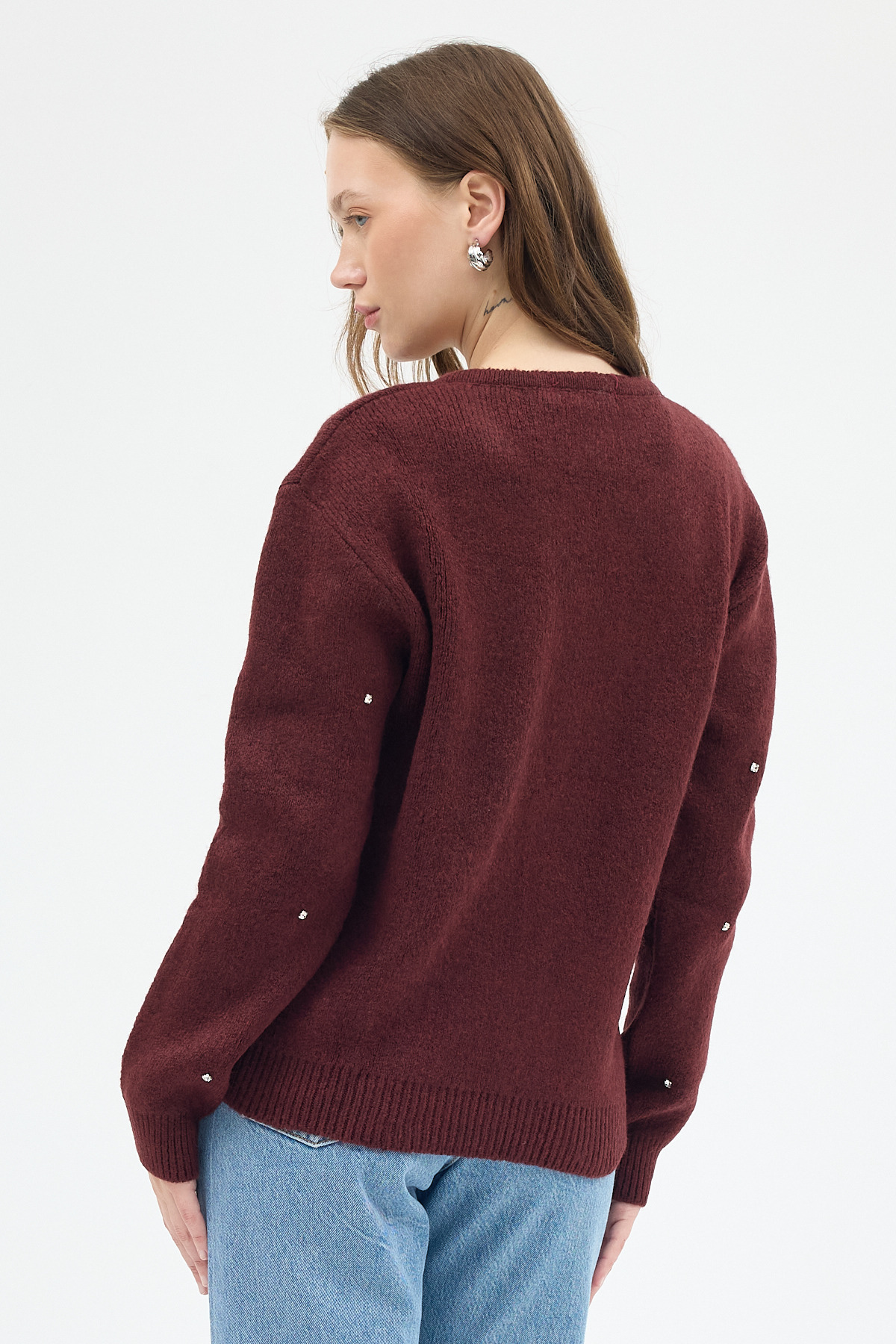 Bordo Kadın Fermuarlı Taş Detaylı Triko Hırka 6405 - 5