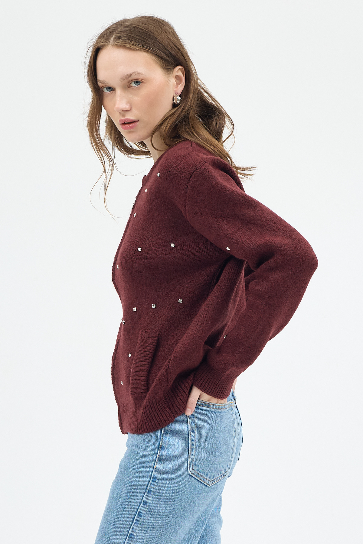 Bordo Kadın Fermuarlı Taş Detaylı Triko Hırka 6405 - 1