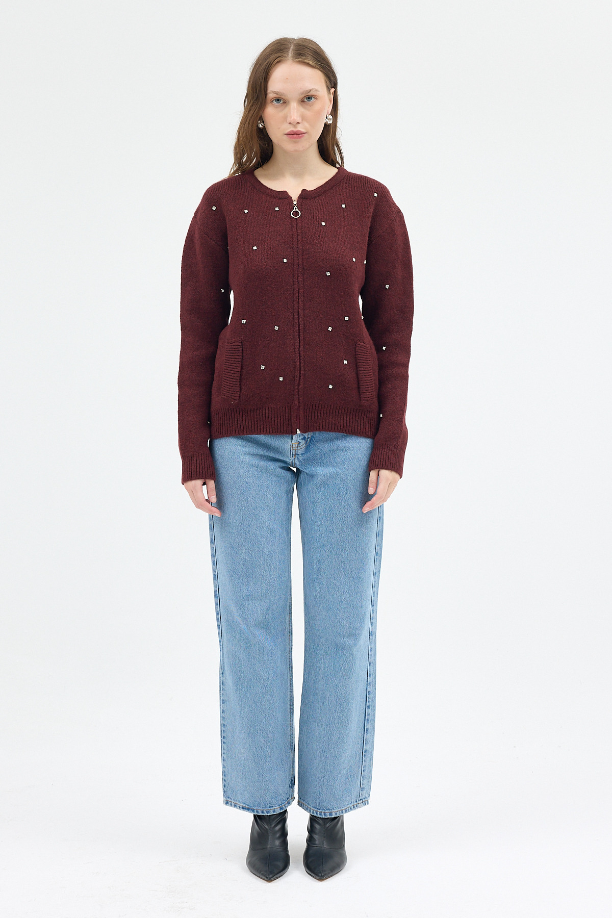 Bordo Kadın Fermuarlı Taş Detaylı Triko Hırka 6405 - RAYS