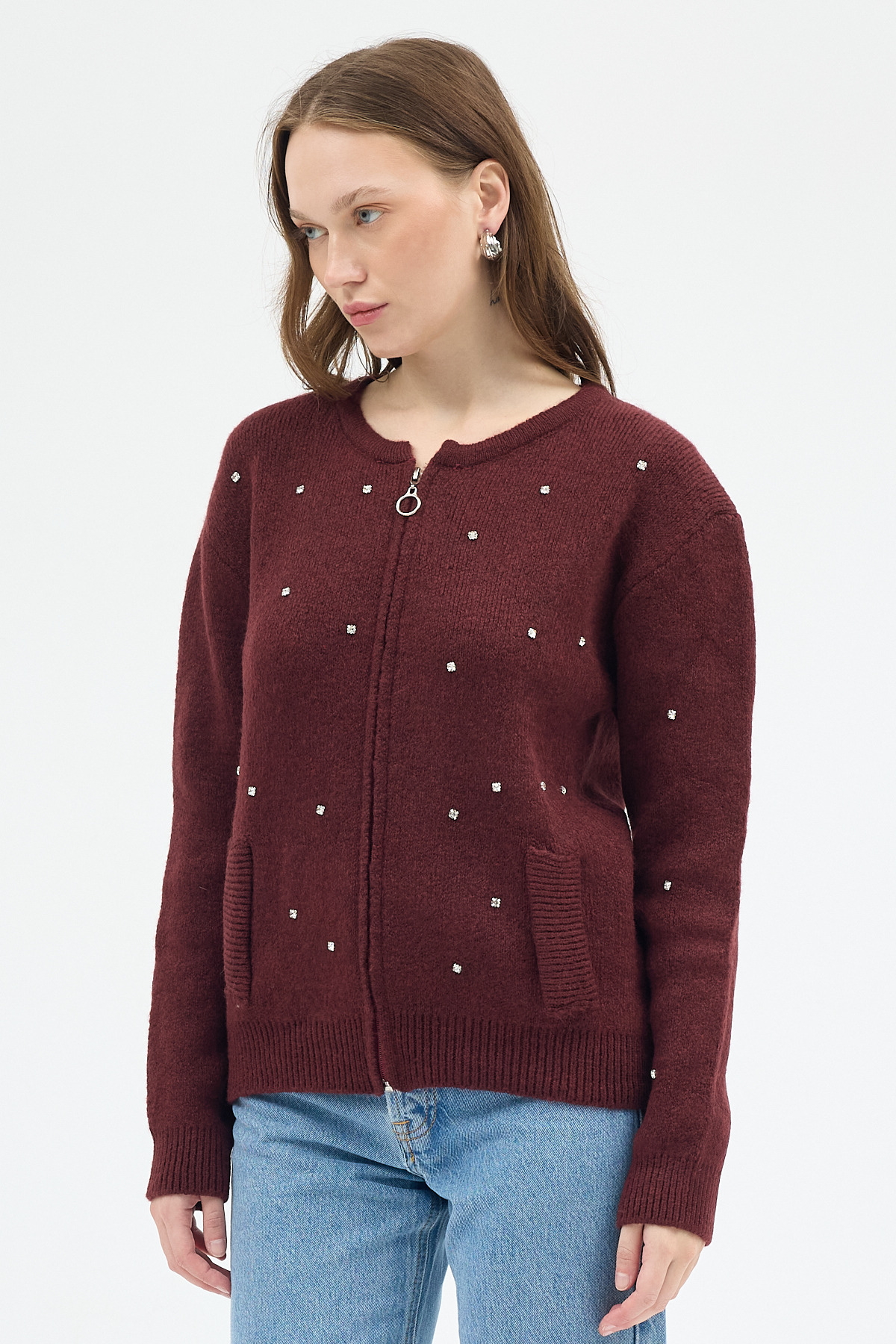 Bordo Kadın Fermuarlı Taş Detaylı Triko Hırka 6405 - 7