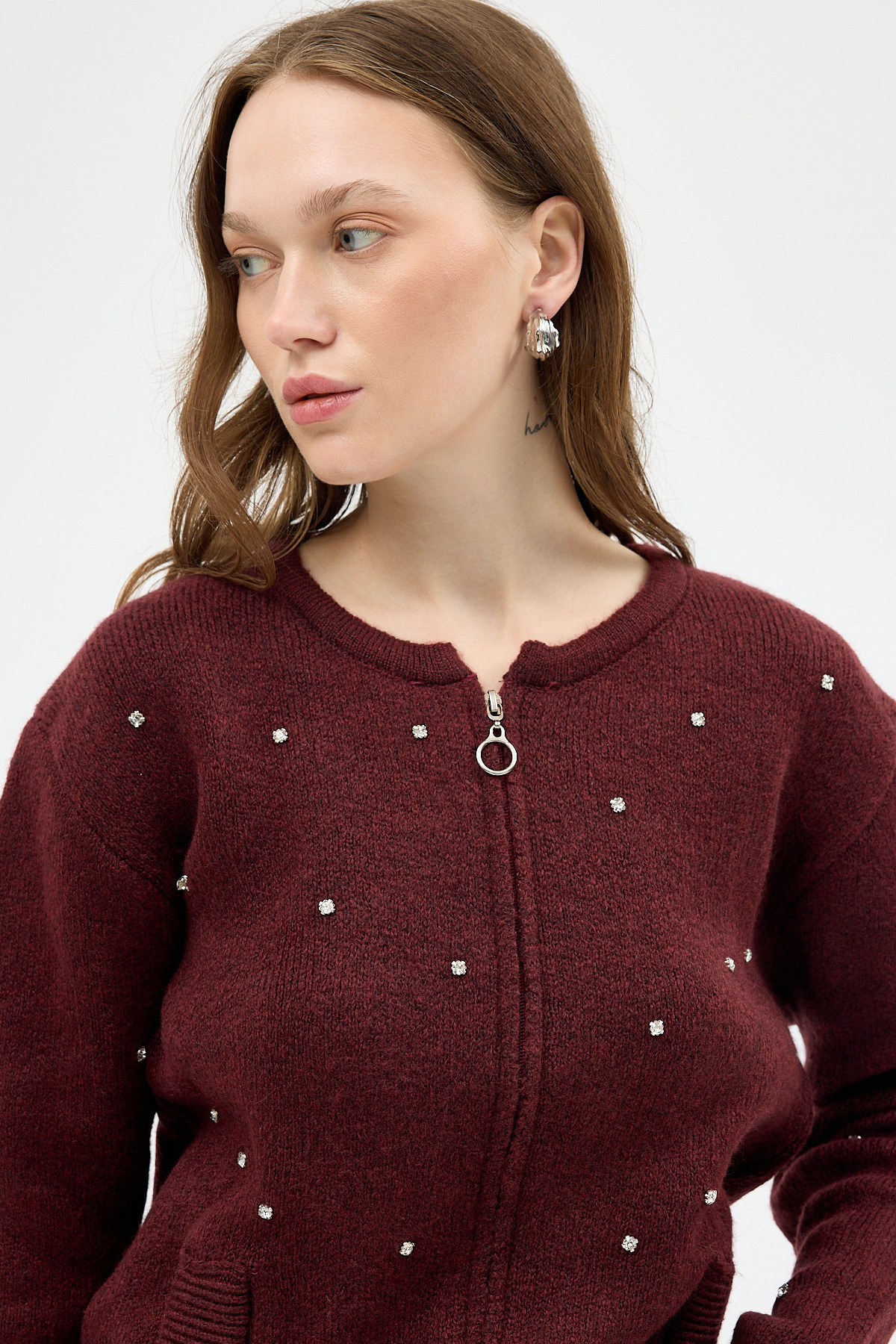 Bordo Kadın Fermuarlı Taş Detaylı Triko Hırka 6405 - RAYS