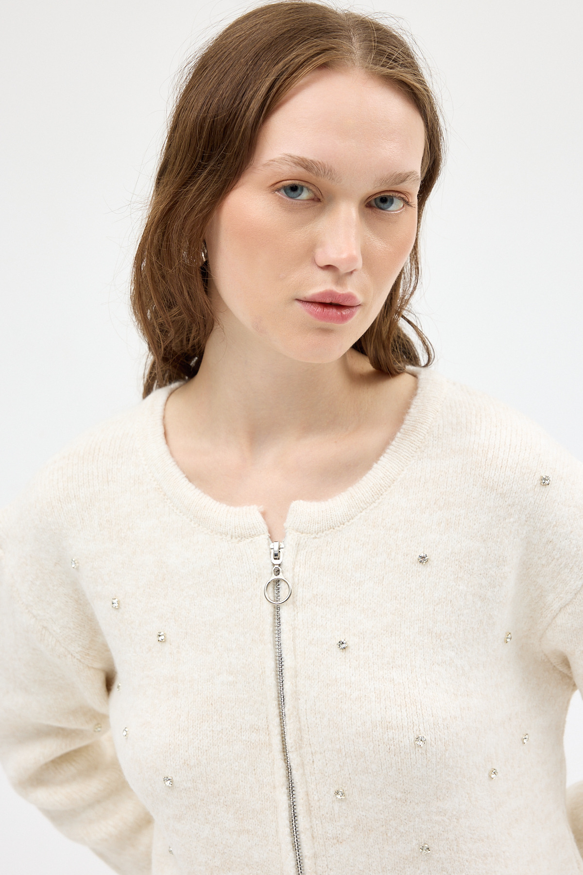 Natural Kadın Fermuarlı Taş Detaylı Triko Hırka 6405 - RAYS