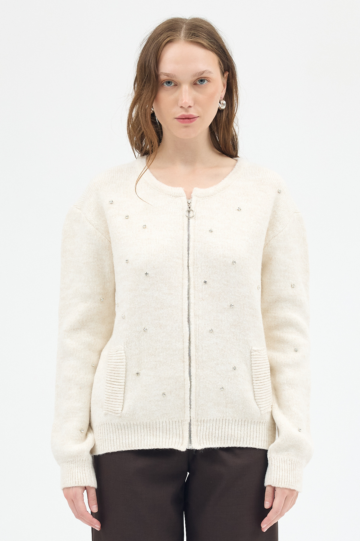 Natural Kadın Fermuarlı Taş Detaylı Triko Hırka 6405 - 7