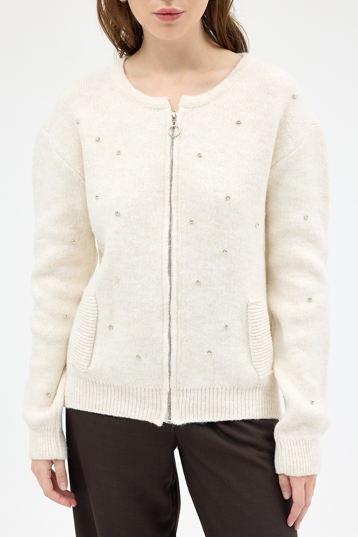 Natural Kadın Fermuarlı Taş Detaylı Triko Hırka 6405 - 6