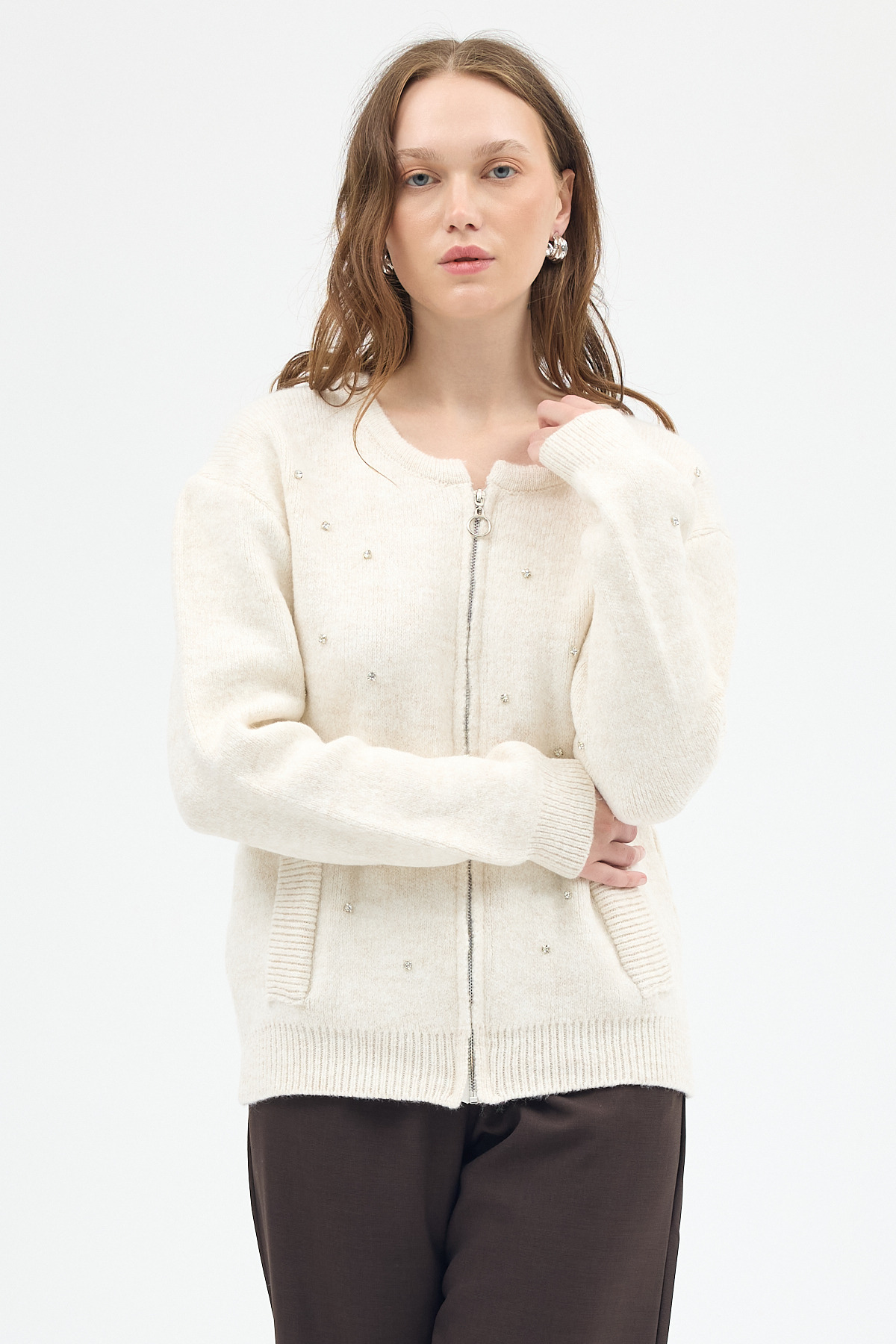 Natural Kadın Fermuarlı Taş Detaylı Triko Hırka 6405 - 3