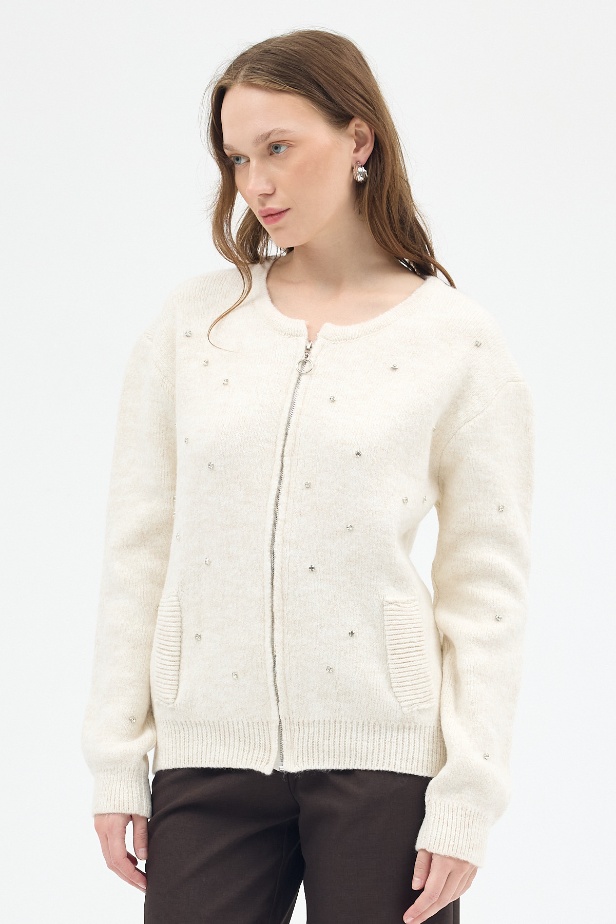 Natural Kadın Fermuarlı Taş Detaylı Triko Hırka 6405 - 1