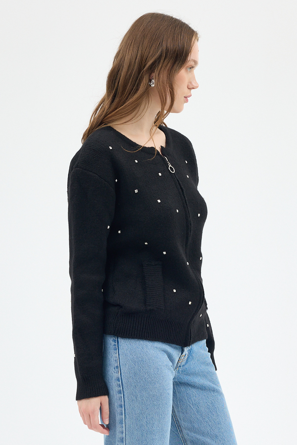 Siyah Kadın Fermuarlı Taş Detaylı Triko Hırka 6405 - RAYS