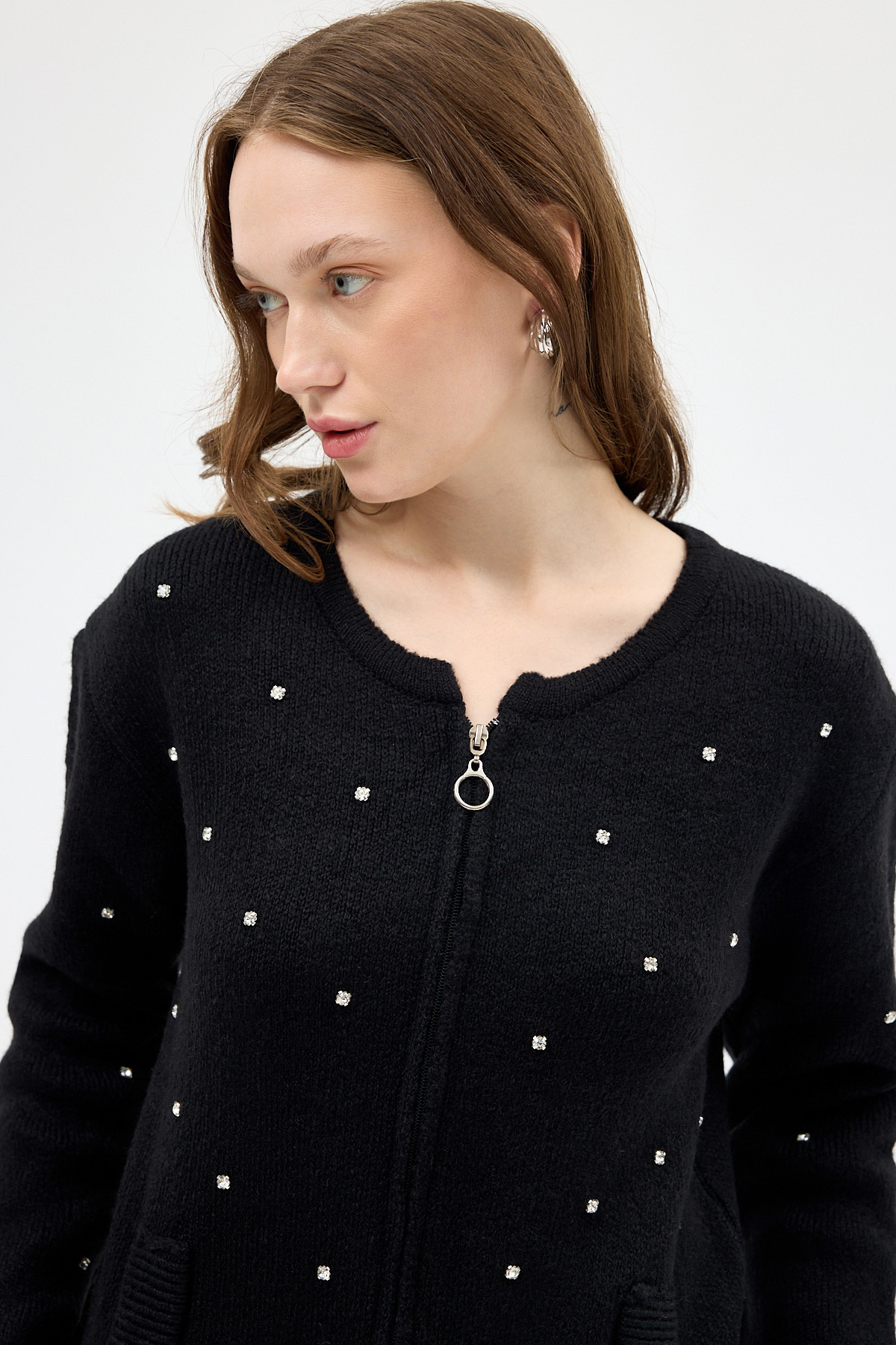 Siyah Kadın Fermuarlı Taş Detaylı Triko Hırka 6405 - 4