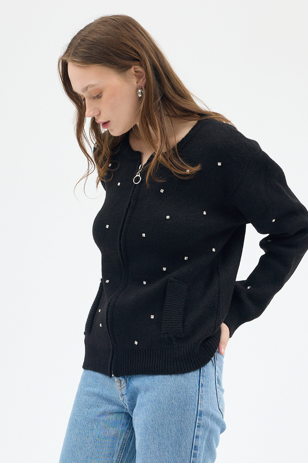 Siyah Kadın Fermuarlı Taş Detaylı Triko Hırka 6405 - RAYS